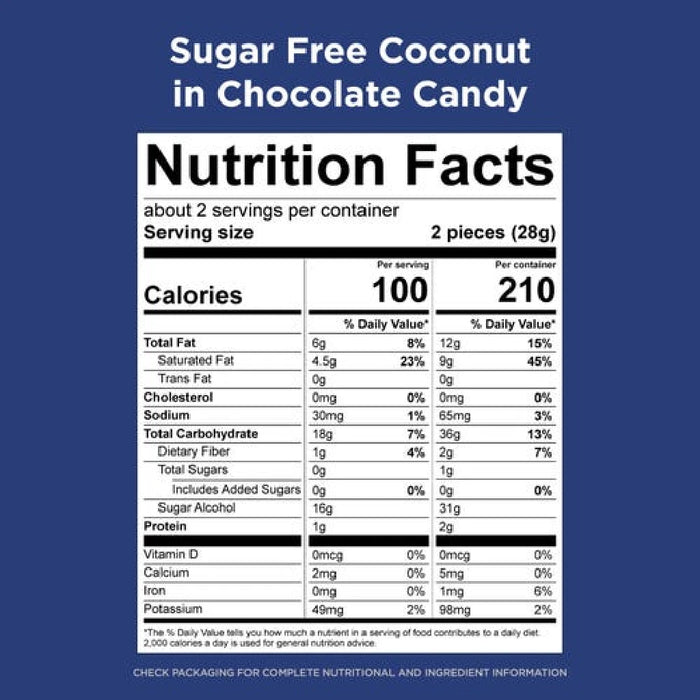 A pack of four Russell Stover sugar-free coconut chocolates, each piece wrapped for freshness and flavor.