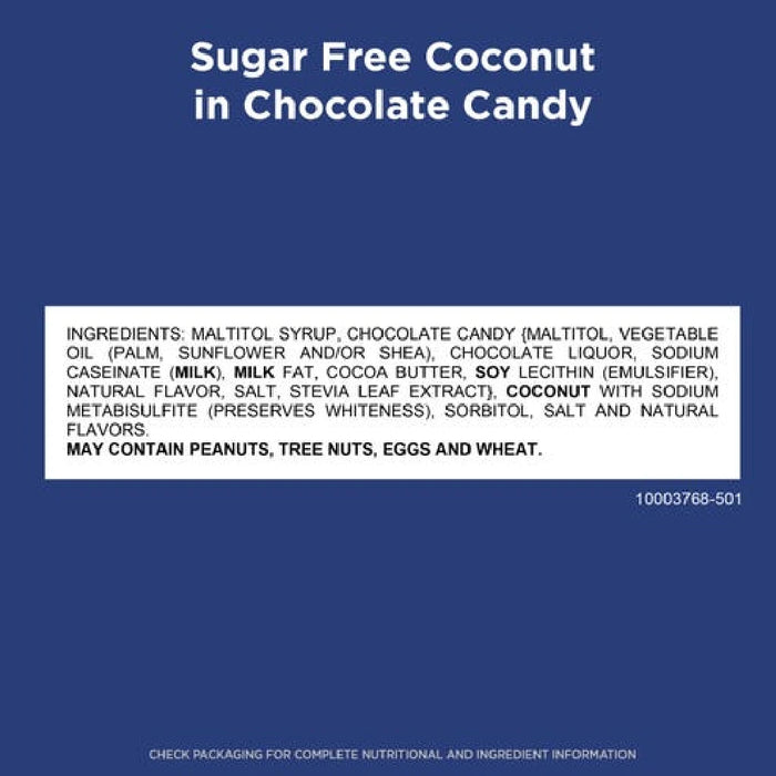 Four-piece Russell Stover sugar-free coconut chocolate pack, highlighting a sweet coconut filling without added sugar.