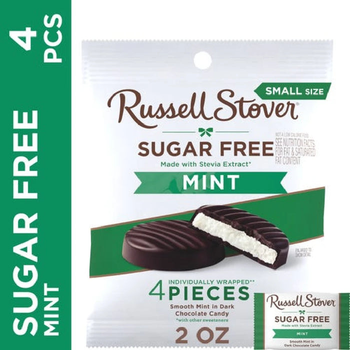 Russell Stover sugar-free mint chocolate 4-pack, featuring individually wrapped mint chocolates in a colorful box.