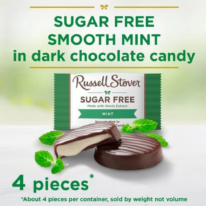 Russell Stover sugar-free mint chocolates in a 4-pack, displayed in a box with a fresh mint theme and clear labeling.