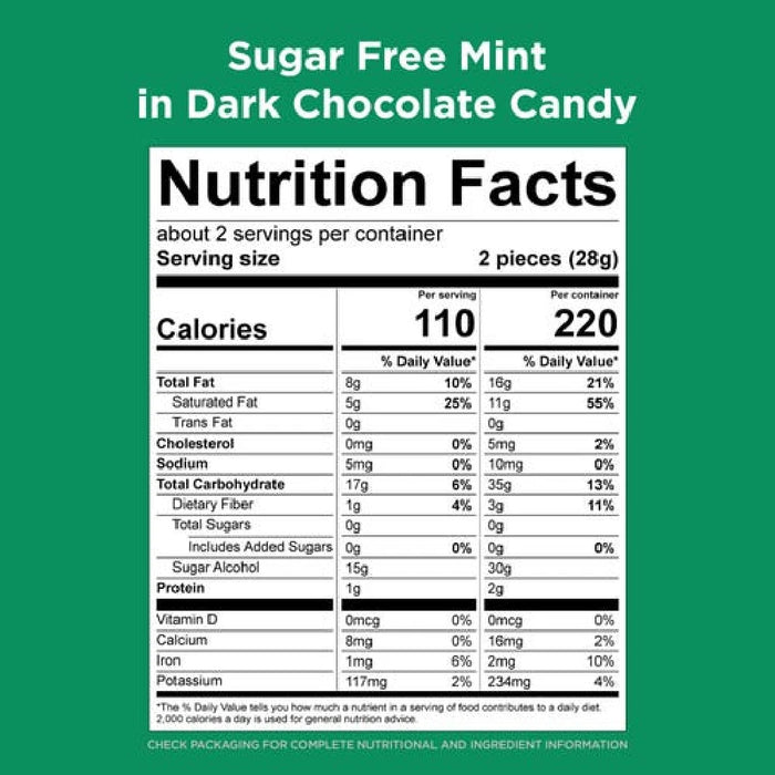Four individually wrapped Russell Stover sugar-free mint chocolates in a decorative box, emphasizing mint flavor.