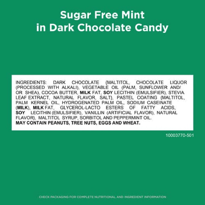 A colorful 4-pack of Russell Stover sugar-free mint chocolates, highlighting the sugar-free label and minty freshness.