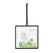 A small card featuring a colorful illustration of flowers alongside a decorative sun catcher.