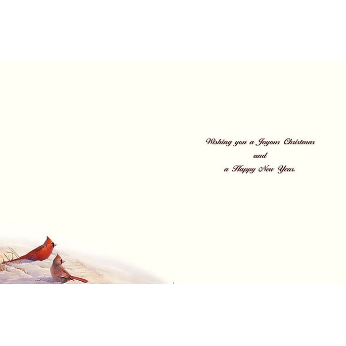Cardinal birds on a snowy background with Christmas greeting text.