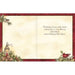 Christmas card with decorative border, lantern, and cardinal bird on a white background.