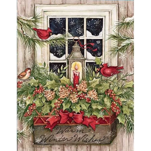 Decorative Christmas scene card with a window, candles, and festive elements on a wooden background.