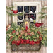 Decorative Christmas scene card with a window, candles, and festive elements on a wooden background.