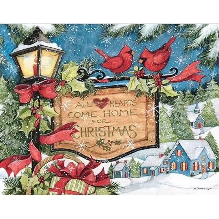 Christmas-themed illustration on a card with red cardinals, lantern, and snowy village.