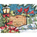 Christmas-themed illustration on a card with red cardinals, lantern, and snowy village.