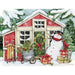 Boxed set of Lang Snowman’s Farmhouse Christmas cards showing a smiling snowman in front of a rustic farmhouse decorated for the holidays.”