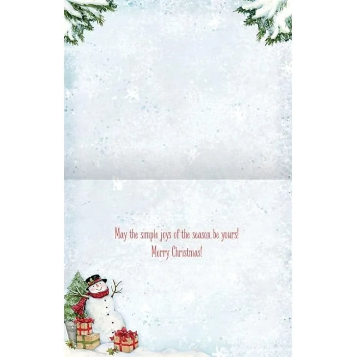 Boxed set of Lang Snowman’s Farmhouse Christmas cards showing a smiling snowman in front of a rustic farmhouse decorated for the holidays.”