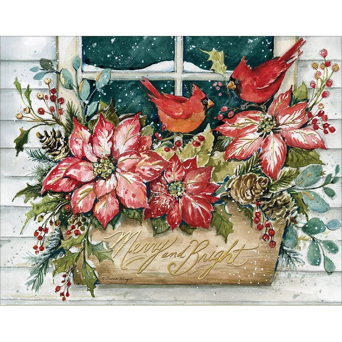 Christmas-themed card with poinsettias, cardinals, and 'Merry and Bright' text.