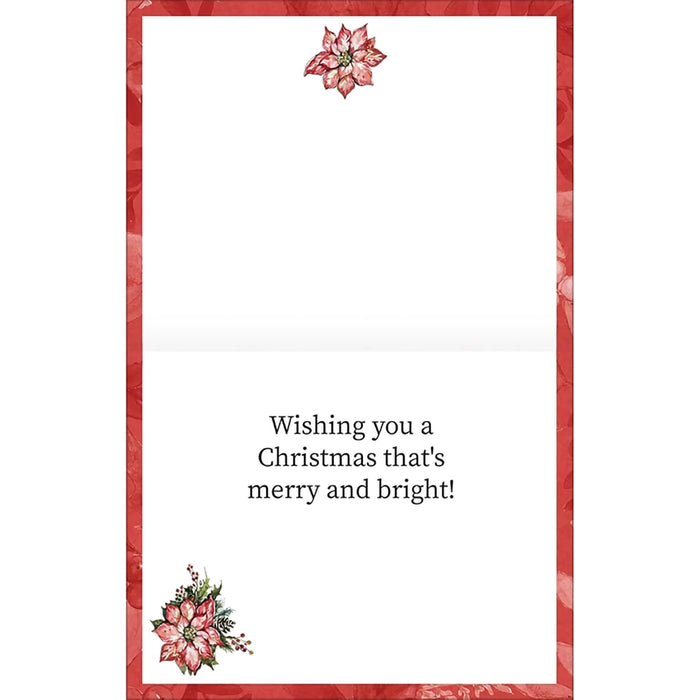 Christmas-themed card with poinsettia design and text on a white background