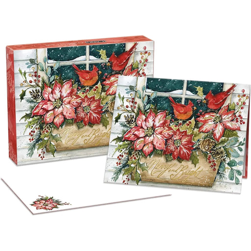 Set of Christmas-themed greeting cards with poinsettias and cardinals on a white background