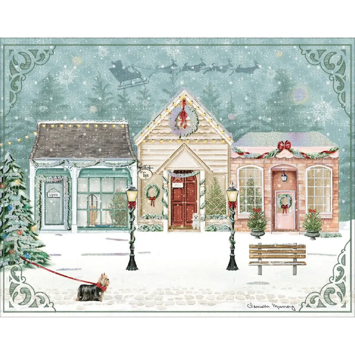 Christmas-themed illustration of a snowy village with houses, trees, and Santa's sleigh.