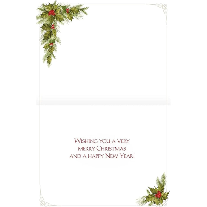Christmas card with holly leaves and berries on a white background