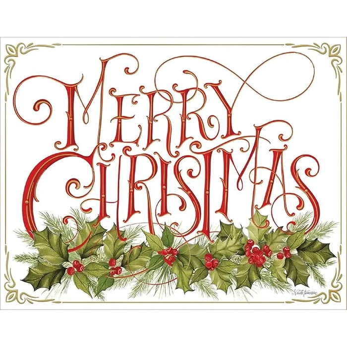 Decorative Christmas card with 'Merry Christmas' text and holly leaves.