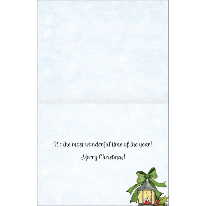  Inside of  “Santa’s Coming to Town” boxed holiday cards with classic Santa artwork and snowy background.