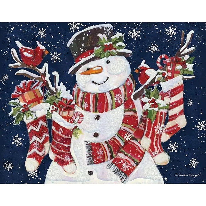 Decorative Christmas card with a snowman, stockings, and red birds on a blue snowy background.