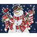 Decorative Christmas card with a snowman, stockings, and red birds on a blue snowy background.