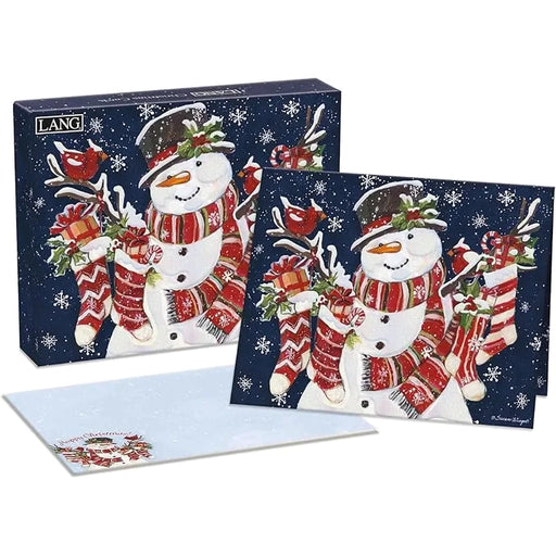 Set of Christmas cards with a snowman design featuring a blue border and 'lang ' branding.