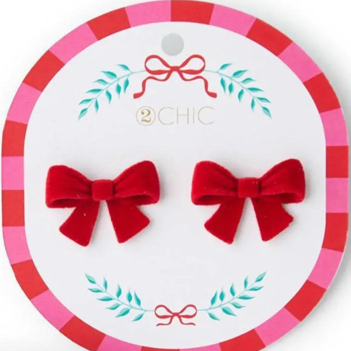 Red bow earrings on a '2 Chic' branded card with a colorful circular border.
