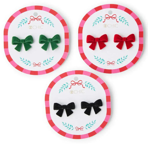 Three circular packages, bow errings in green, red, and black bows on a white background.