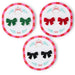Three circular packages, bow errings in green, red, and black bows on a white background.