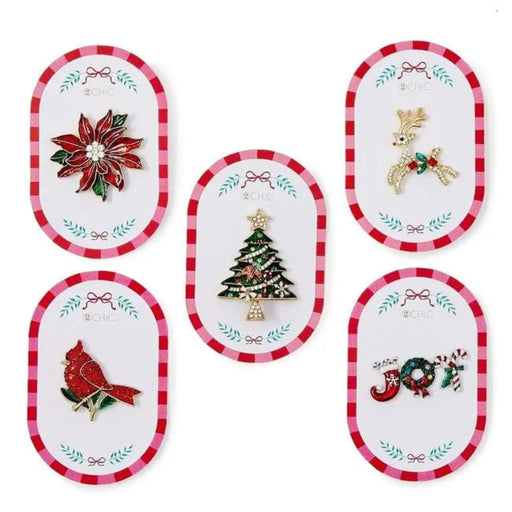 One chosen at random, Christmas-themed brooches on red and white checkered cards