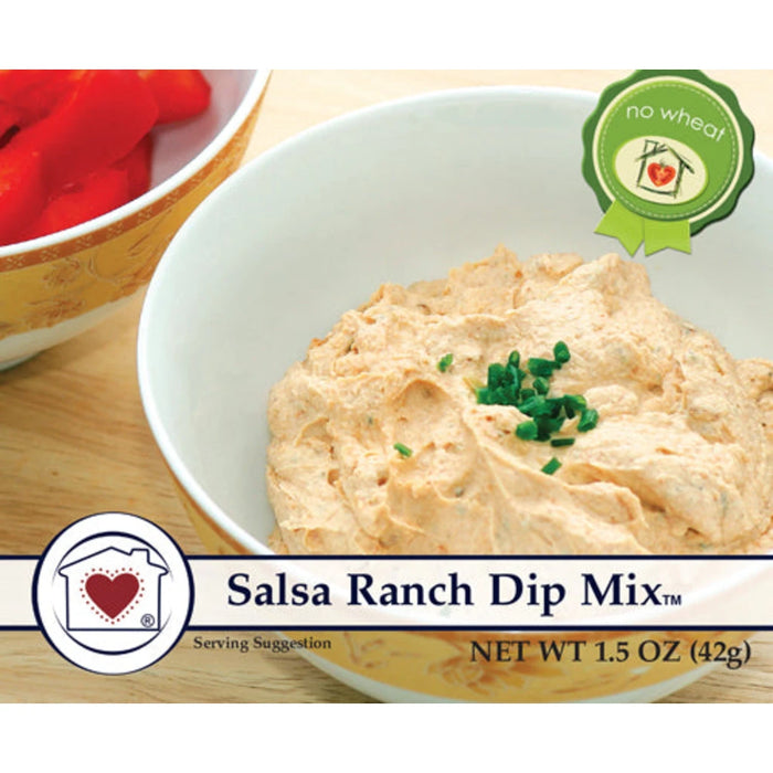 A bowl of salsa ranch dip mix with a clearly labeled packaging on the side.