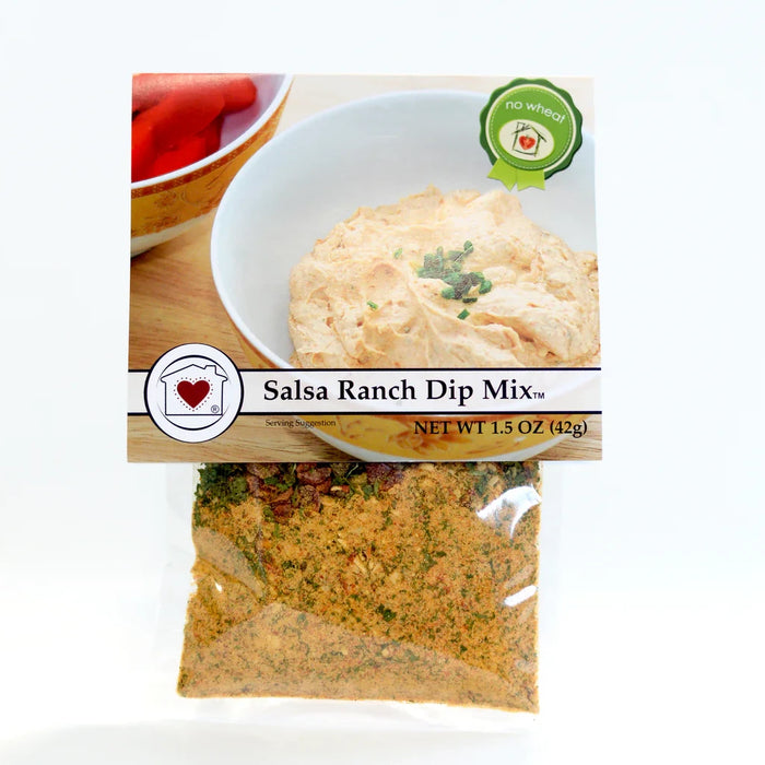 A bowl filled with salsa ranch dip mix, featuring a visible label on the container.