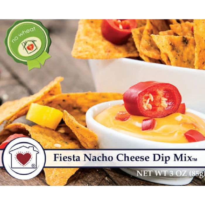 Fiesta nacho cheese dip mix package featuring vibrant colors and bold text, ideal for party snacks and gatherings.