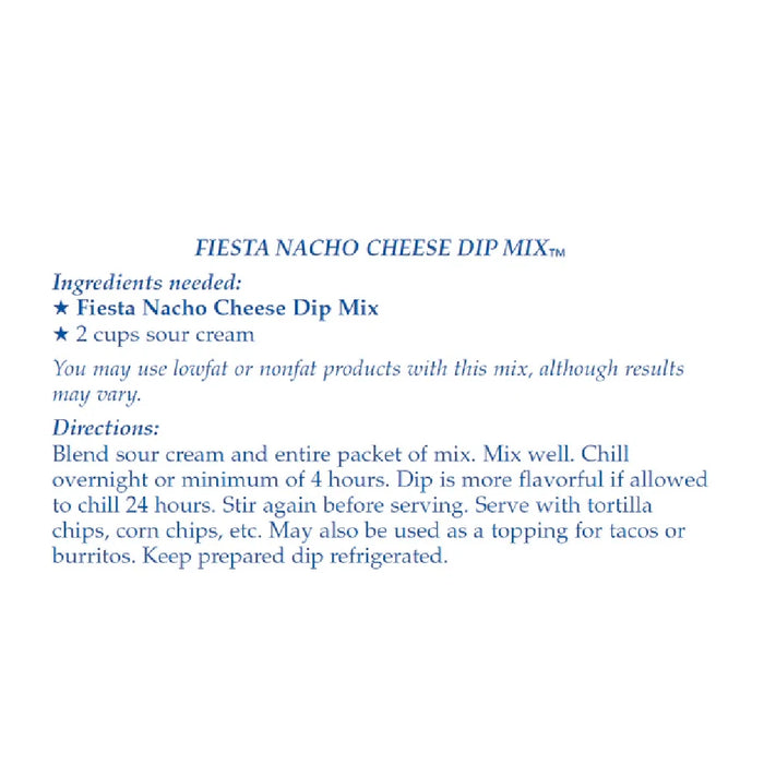 A vibrant package of fiesta nacho cheese dip mix, showcasing its flavor and suitability for festive occasions.
