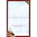 Christmas card with a dog in a sweater and presents, framed by a red border with holly leaves.
