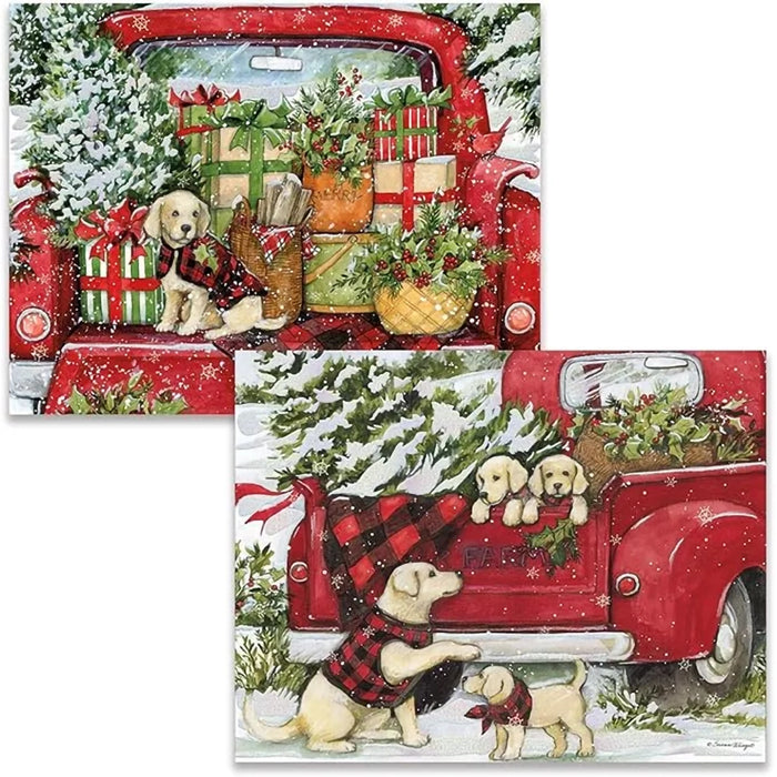 Two Christmas-themed Boxed cards featuring a red truck with puppies and holiday decorations.