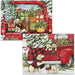 Two Christmas-themed Boxed cards featuring a red truck with puppies and holiday decorations.