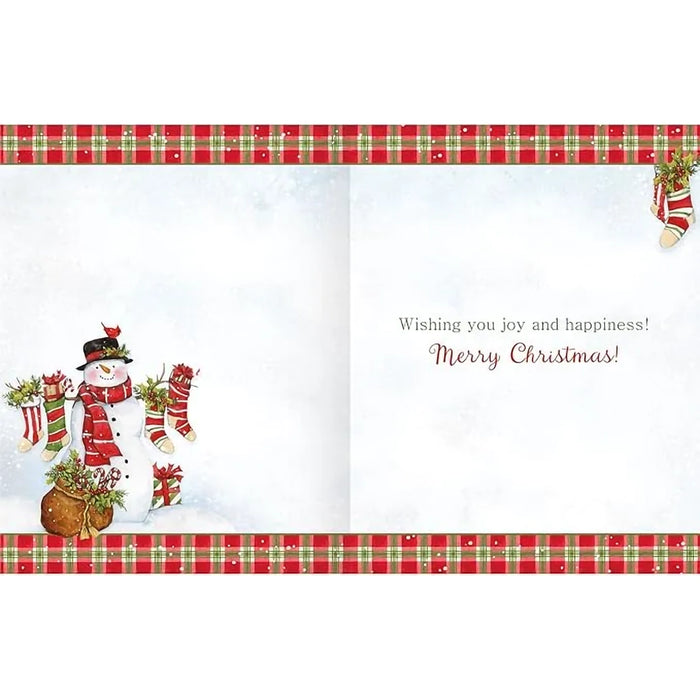 Christmas card with a snowman holding socks, surrounded by plaid patterns and text.