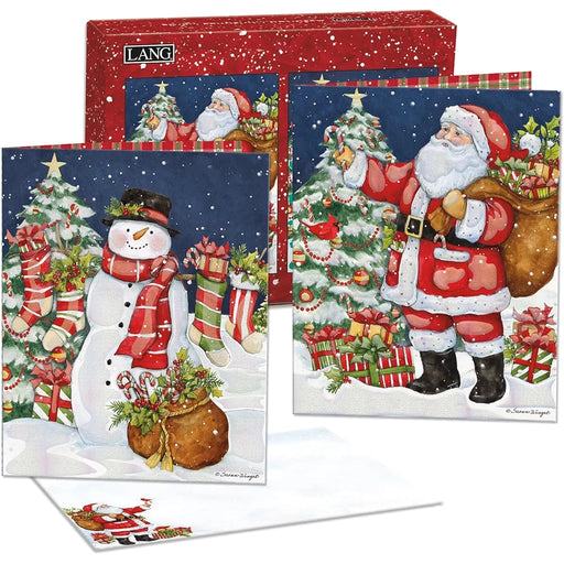 Set of Christmas-themed cards featuring Santa Claus, snowman, and Christmas trees with presents.