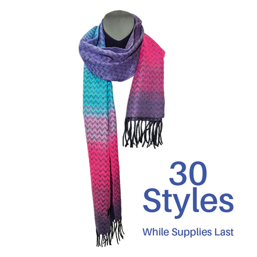 Colorful scarf on a mannequin with '30 Styles  assorted no choice - numbered if prefer style, we will do our best to While Supplies Last' text on a white background