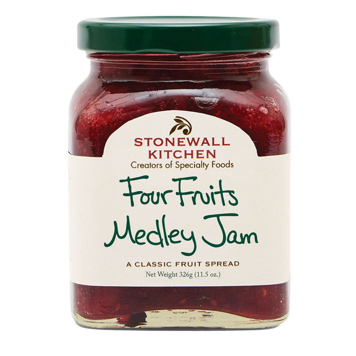 Jar of Stonewall Kitchen Four Fruits Medley Jam on a white background