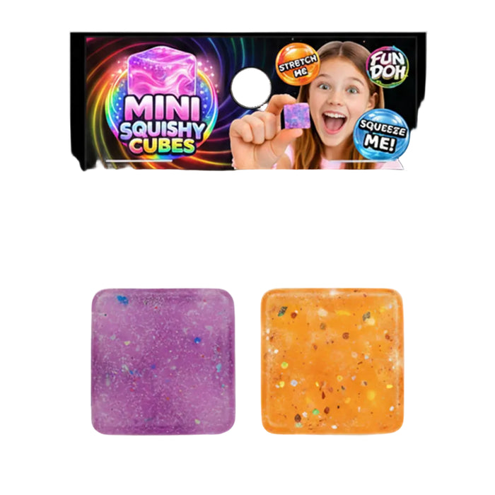Fun Doh Mini Squishy Cube 2-Pack Set featuring two soft, colorful slow-rising sensory fidget cubes for stress relief and tactile play.