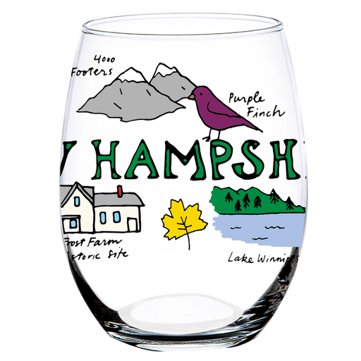 Stemless Wine glass with colorful illustrations and text on a white background