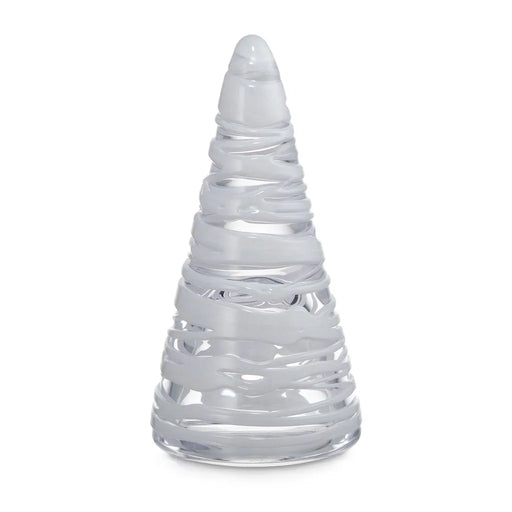  8" Snowdrift Conical Tree is wrapped in delicate, hand-sculpted ribbons of glass on  white background 