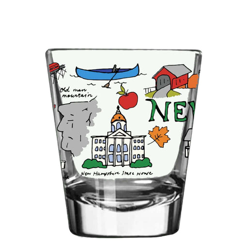 Clear shot glass with New Hampshire-themed illustrations on a white background