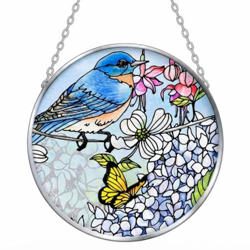Bridgeton Hall 4.5-inch medium circle stained-glass-style suncatcher featuring a bluebird perched among blooming blue hydrangea flowers.