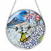 Bridgeton Hall 4.5-inch medium circle stained-glass-style suncatcher featuring a bluebird perched among blooming blue hydrangea flowers.