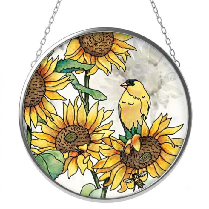 Bridgeton Hall 4.5-inch Butterfly Meadow stained-glass-style suncatcher featuring colorful butterflies fluttering among blooming flowers, designed for hanging in a sunny window.