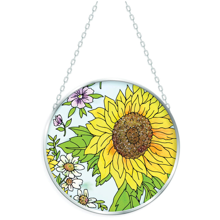 Sunflower Pink decorative glass suncatcher featuring a pink sunflower design hanging in a sunny window.