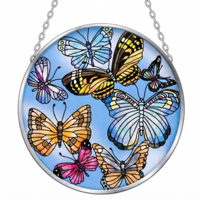 Bridgeton Hall 4.5-inch Rainbow Love stained-glass-style suncatcher featuring a colorful rainbow design with a love-themed motif hanging in a sunny window.
