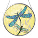 Bridgeton Hall 4.5-inch stained-glass-style dragonfly suncatcher featuring colorful wings, hanging in a sunny window and reflecting vibrant light.